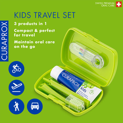 Curaprox Travel Set Kids green, travel toothbrush, interdental brush, toothpaste 10ml, travel box