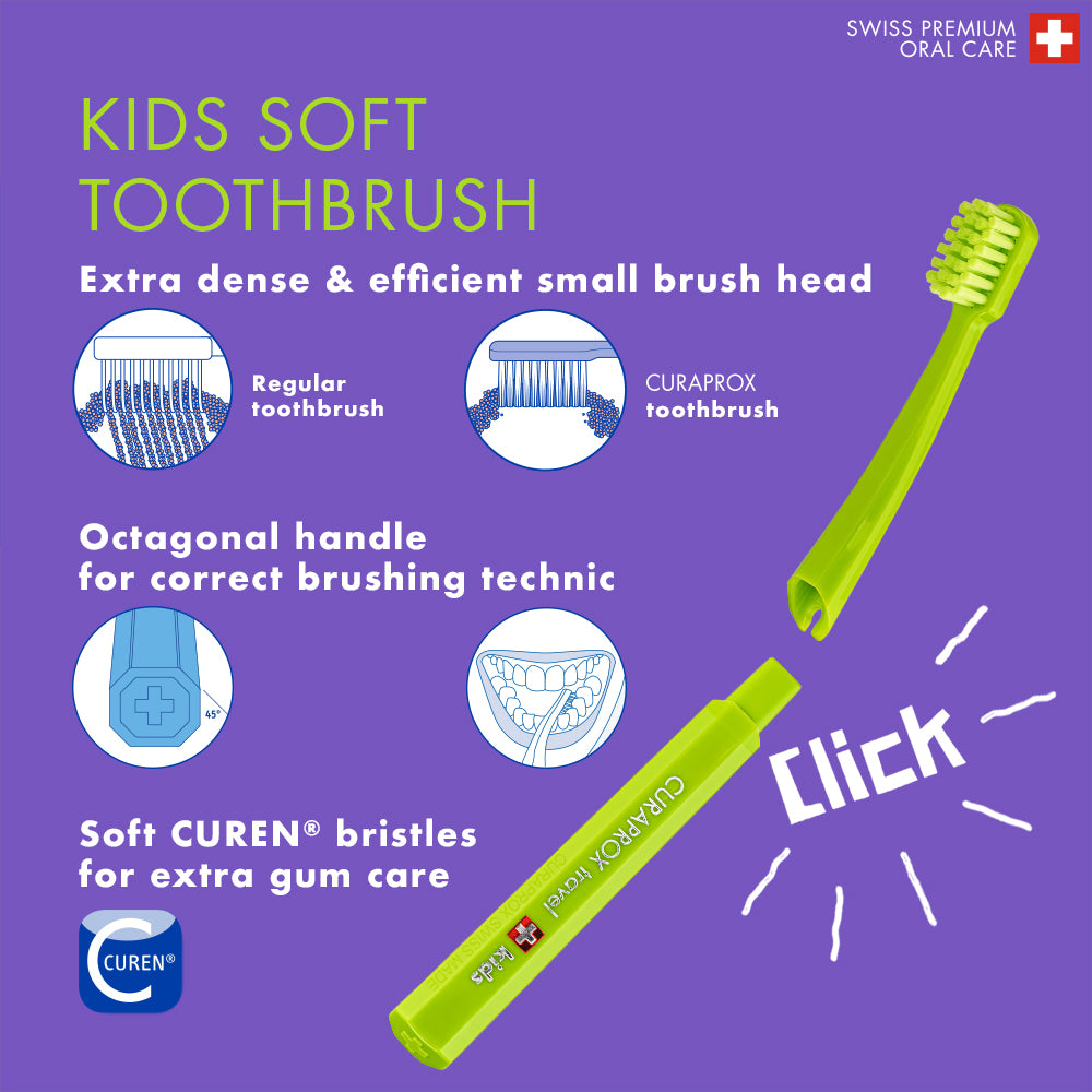 Curaprox Travel Set Kids green, travel toothbrush, interdental brush, toothpaste 10ml, travel box