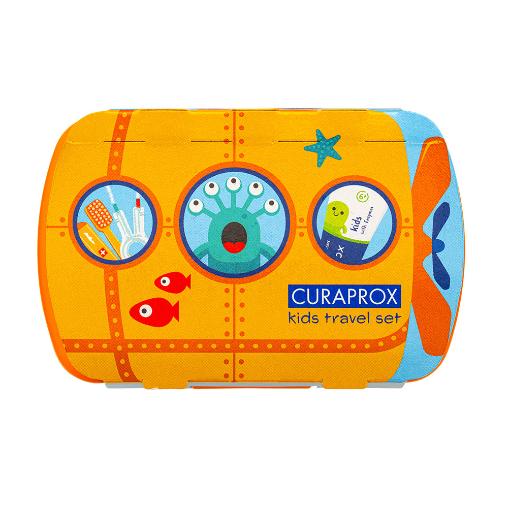 Curaprox Travel Set Kids orange, travel toothbrush, interdental brush, toothpaste 10ml, travel box
