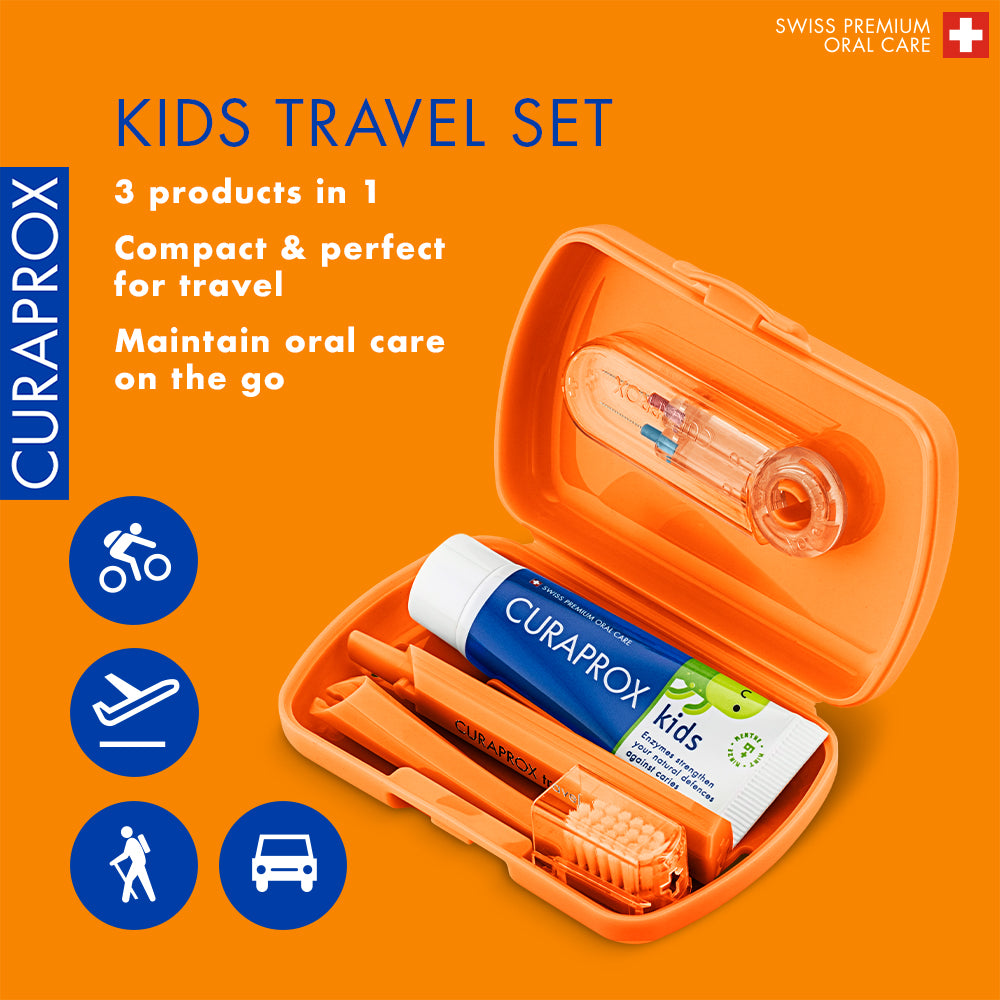 Curaprox Travel Set Kids orange, travel toothbrush, interdental brush, toothpaste 10ml, travel box