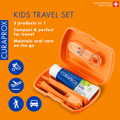 Curaprox Travel Set Kids orange, travel toothbrush, interdental brush, toothpaste 10ml, travel box
