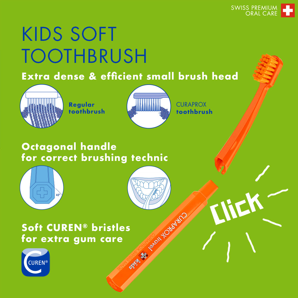 Curaprox Travel Set Kids orange, travel toothbrush, interdental brush, toothpaste 10ml, travel box