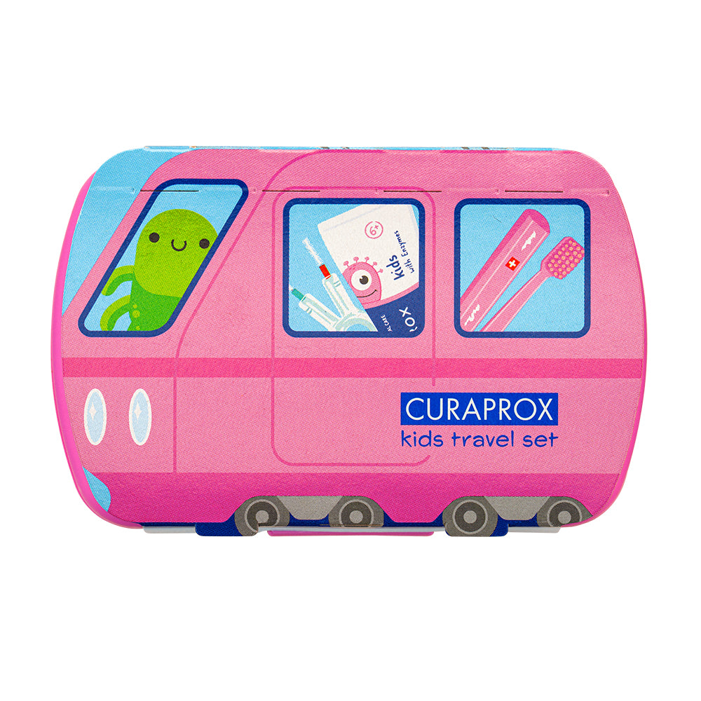Curaprox Travel Set Kids pink, travel toothbrush, interdental brush, toothpaste 10ml, travel box
