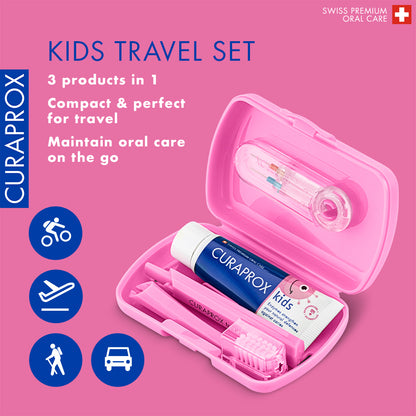 Curaprox Travel Set Kids pink, travel toothbrush, interdental brush, toothpaste 10ml, travel box