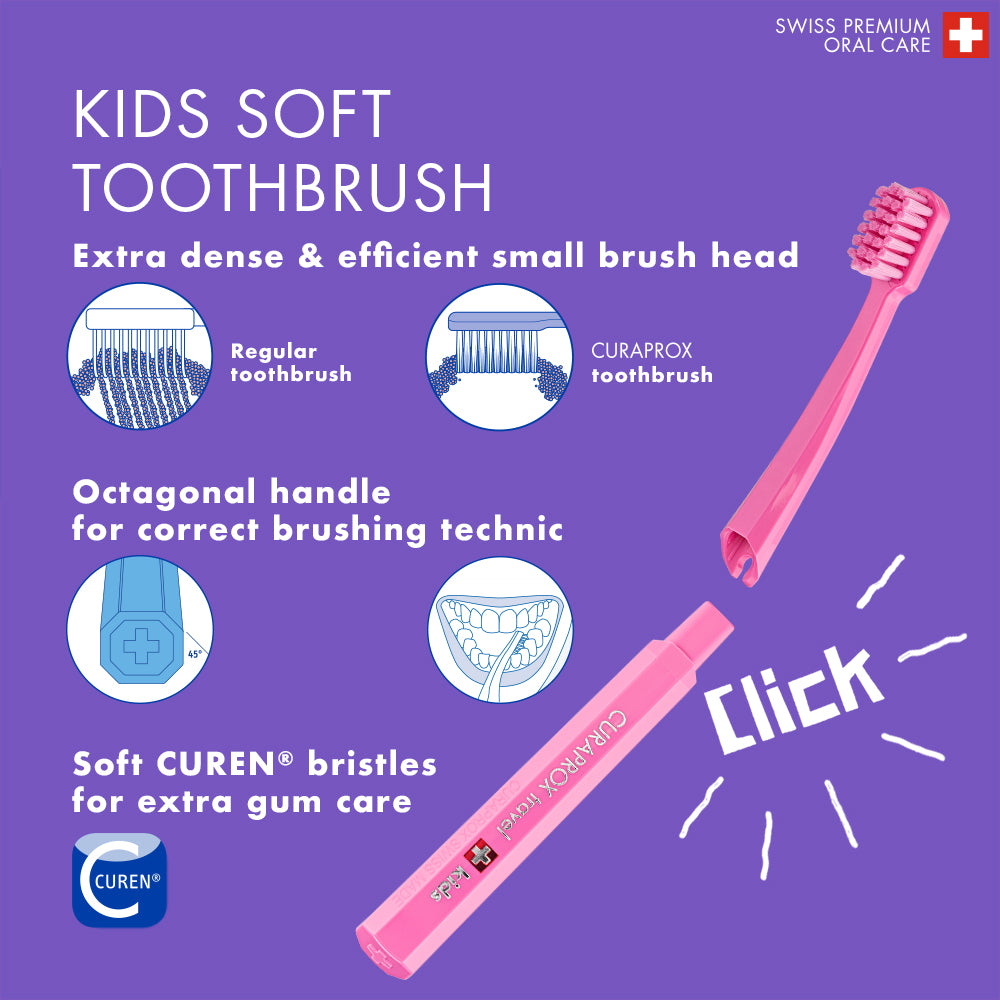 Curaprox Travel Set Kids pink, travel toothbrush, interdental brush, toothpaste 10ml, travel box