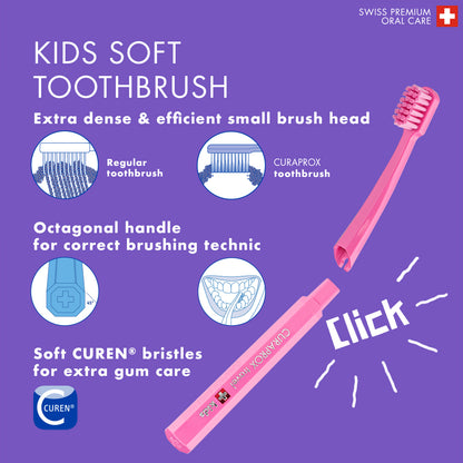 Curaprox Travel Set Kids pink, travel toothbrush, interdental brush, toothpaste 10ml, travel box