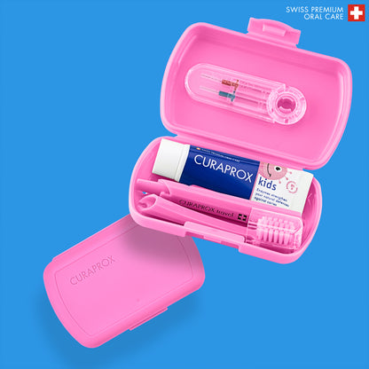 Curaprox Travel Set Kids pink, travel toothbrush, interdental brush, toothpaste 10ml, travel box
