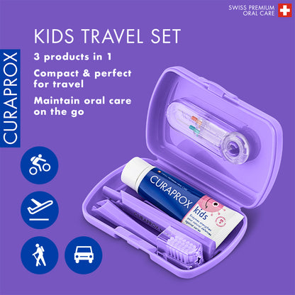 Curaprox Travel Set Kids purple, travel toothbrush, interdental brush, toothpaste 10ml, travel box