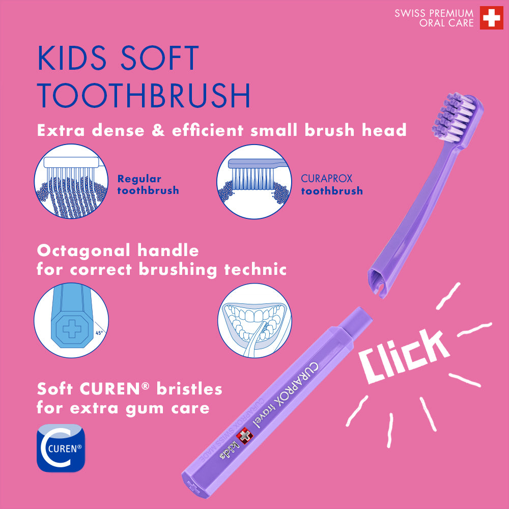 Curaprox Travel Set Kids purple, travel toothbrush, interdental brush, toothpaste 10ml, travel box
