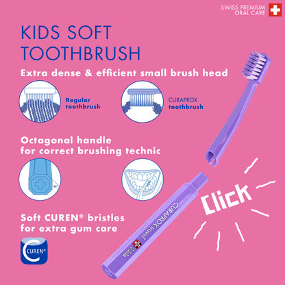 Curaprox Travel Set Kids purple, travel toothbrush, interdental brush, toothpaste 10ml, travel box