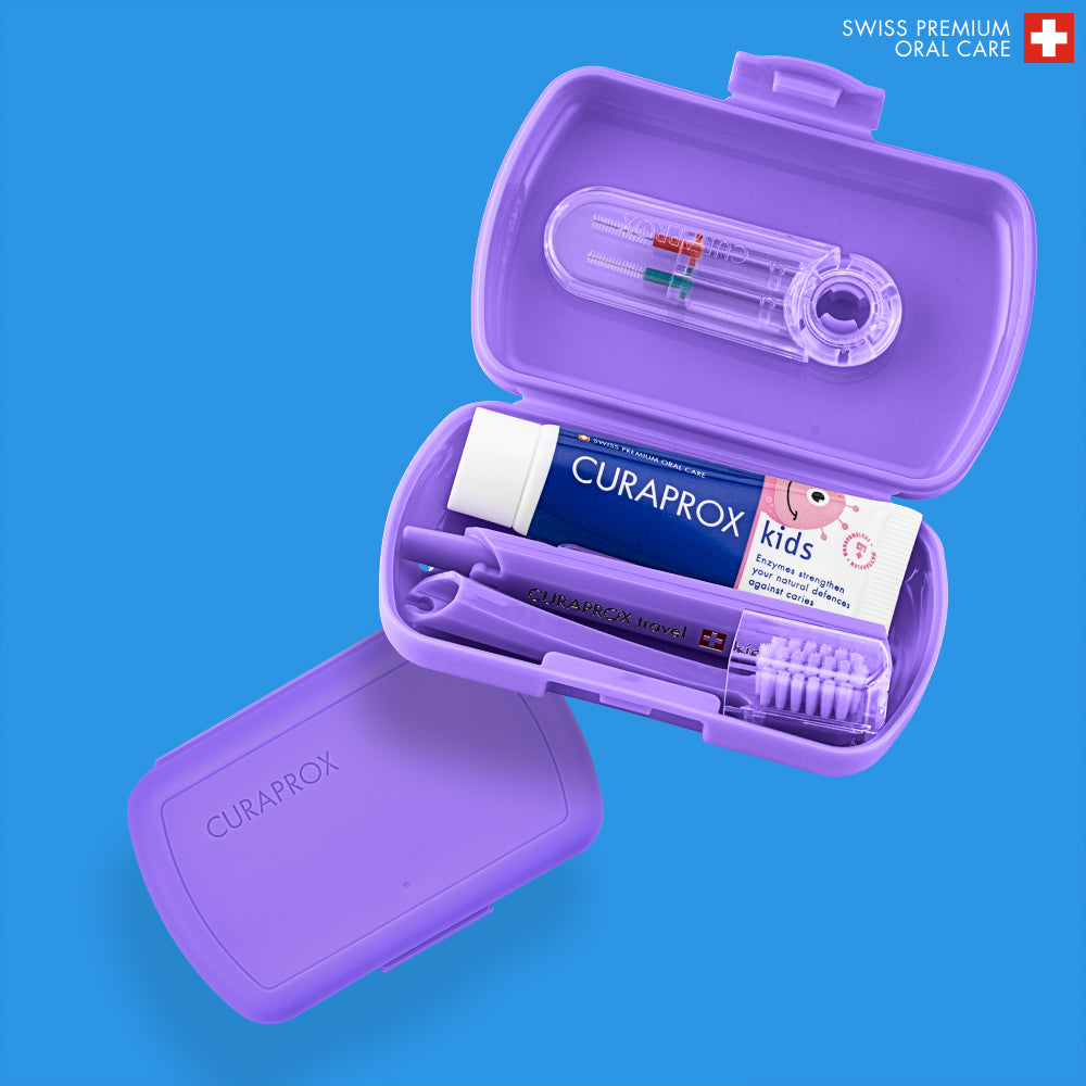 Curaprox Travel Set Kids purple, travel toothbrush, interdental brush, toothpaste 10ml, travel box