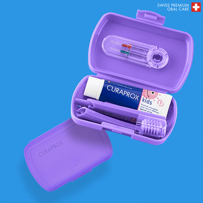 Curaprox Travel Set Kids purple, travel toothbrush, interdental brush, toothpaste 10ml, travel box
