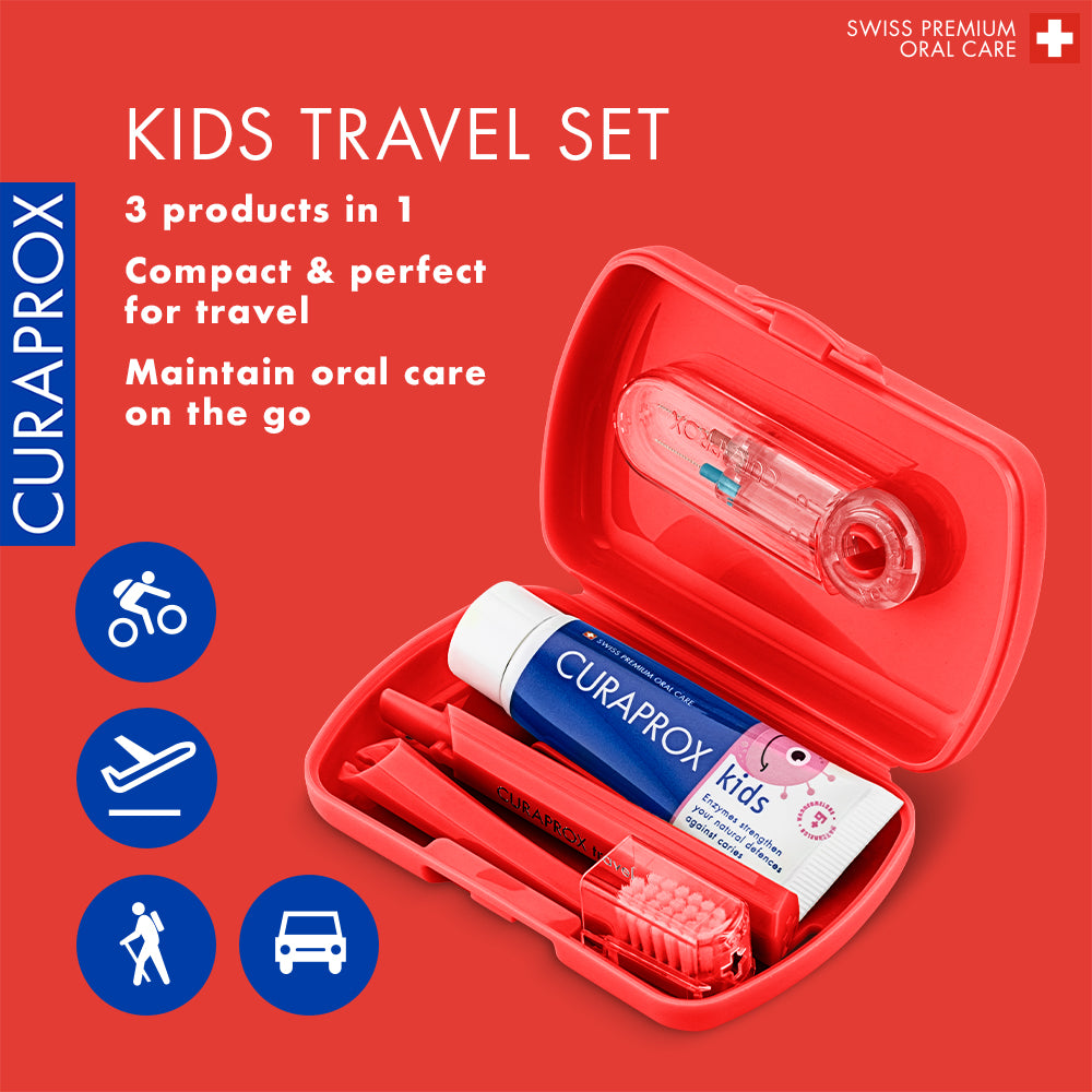 Curaprox Travel Set Kids red, travel toothbrush, interdental brush, toothpaste 10ml, travel box