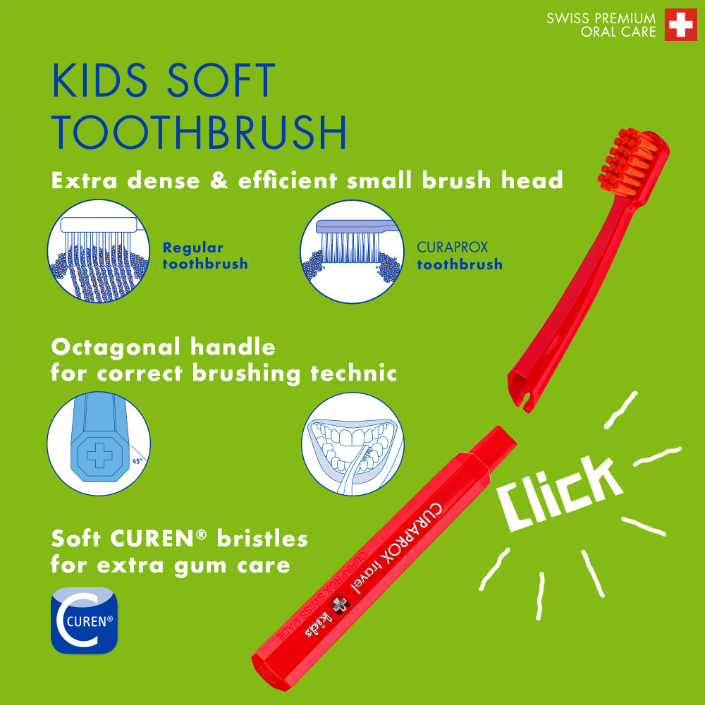 Curaprox Travel Set Kids red, travel toothbrush, interdental brush, toothpaste 10ml, travel box