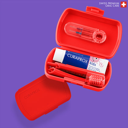Curaprox Travel Set Kids red, travel toothbrush, interdental brush, toothpaste 10ml, travel box