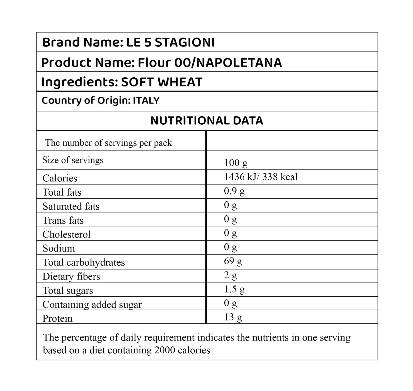 Le 5 Stagioni Farina Pizza Napoletana Rossa Flour 10kg
