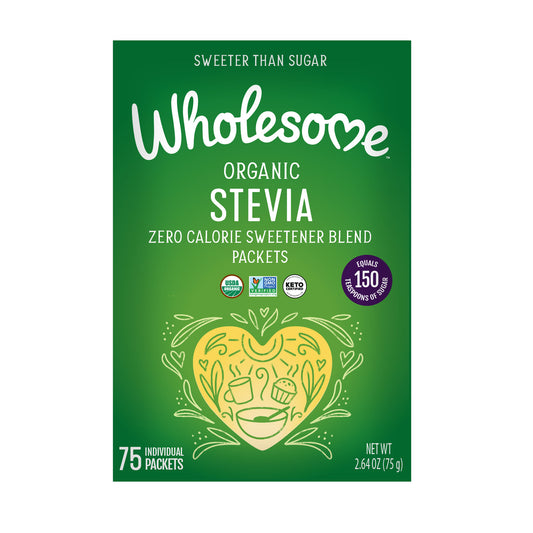 Wholesome Organic Stevia Zero Calorie Sweetener Blend Packets, Vegan, Gluten Free, NON GMO,75gm(Short Expiry - August 2024)