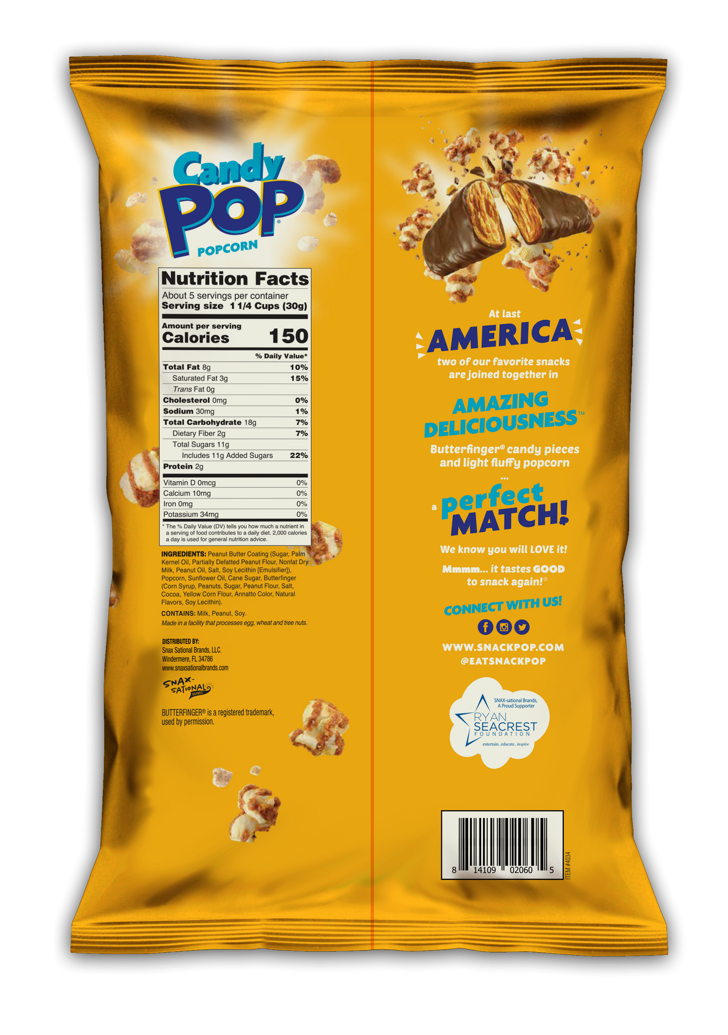 Candy Pop Popcorn Butterfinger, Made with Real Butterfinger Candy, Low Sodium, 150 Cal, Non GMO ,5.25OZ (149g)