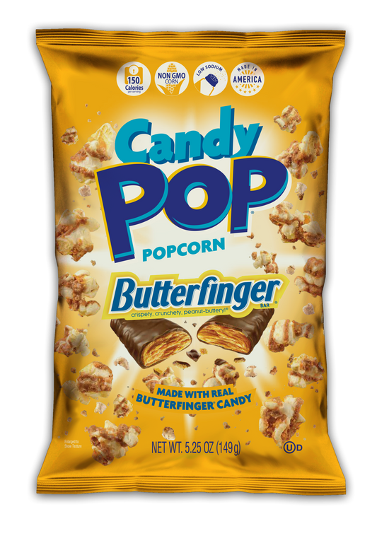 Candy Pop Popcorn Butterfinger, Made with Real Butterfinger Candy, Low Sodium, 150 Cal, Non GMO ,5.25OZ (149g)