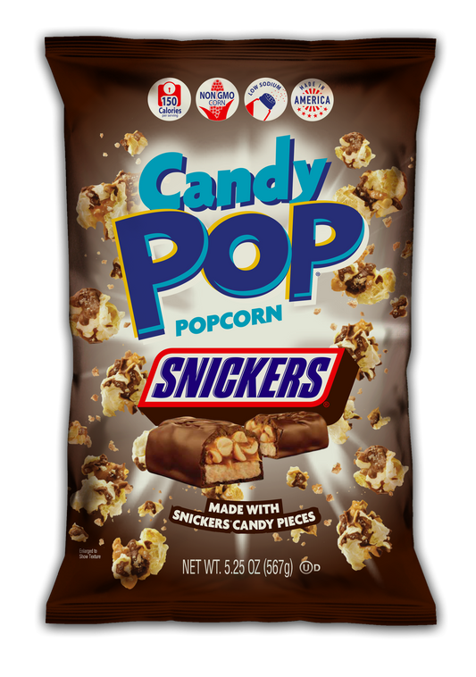 Candy Pop Popcorn Snickers, Made with Snicker Candy, Low Sodium, 150 Cal, Non GMO ,5.25OZ (149g)