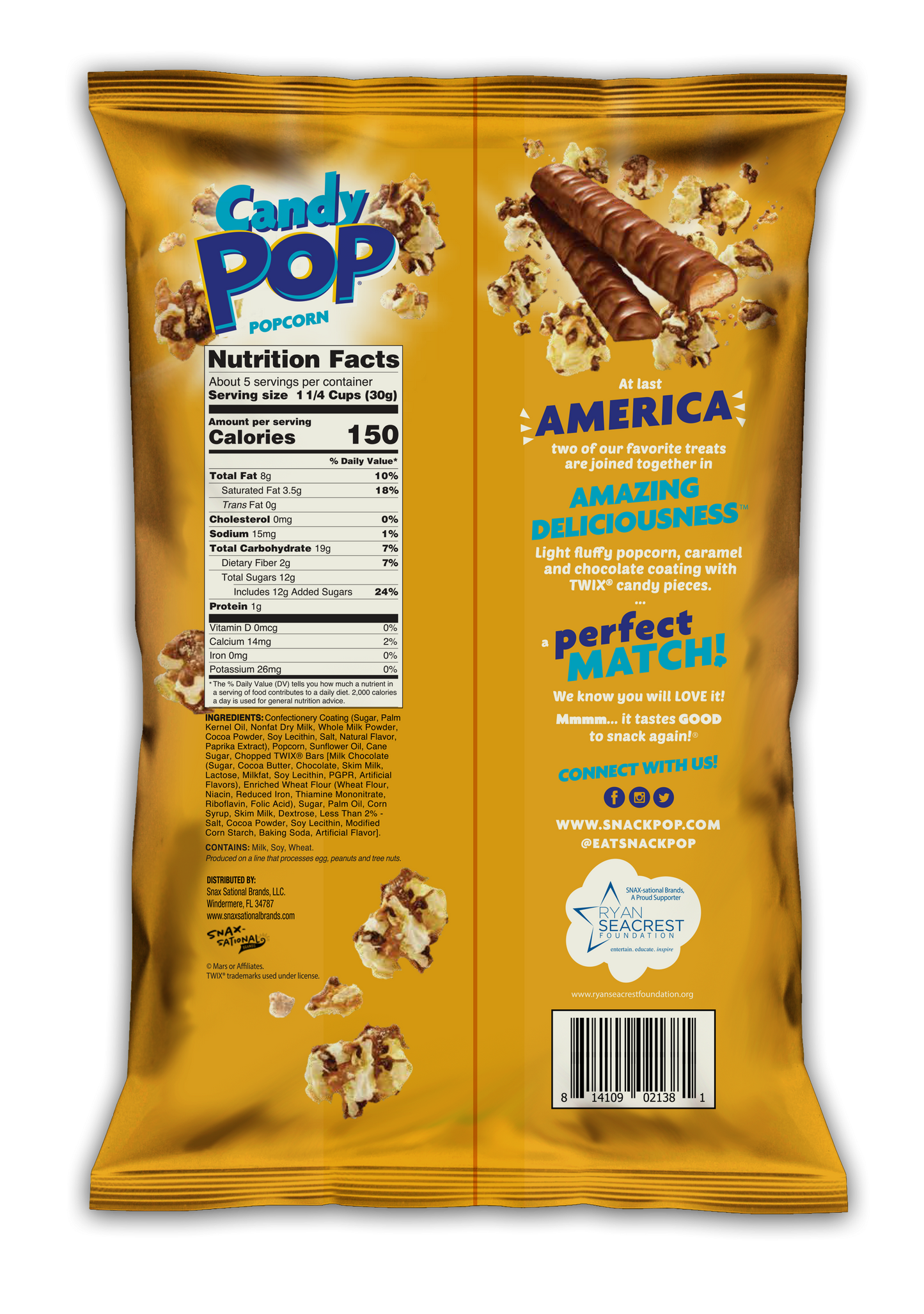 Candy Pop Popcorn Twix, Made With Twix Candy, Low Sodium, 150 Cal, Non GMO ,5.25OZ (149g)