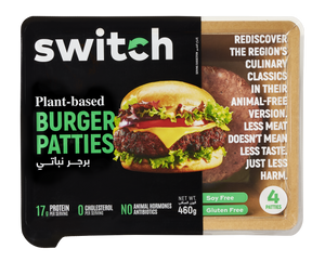 Switch 100% Plant-based Burger Patties, 460g, GMO-free, Cholesterol-free, Soy-free, Gluten-free, Dairy-free, Halal (4 Patties)