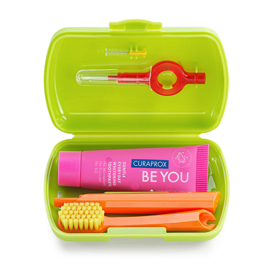Curaprox Travel Set green, travel toothbrush, interdental brush, toothpaste 10ml, travel box