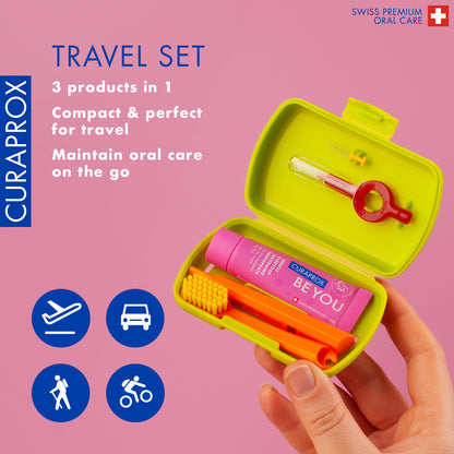 Curaprox Travel Set green, travel toothbrush, interdental brush, toothpaste 10ml, travel box