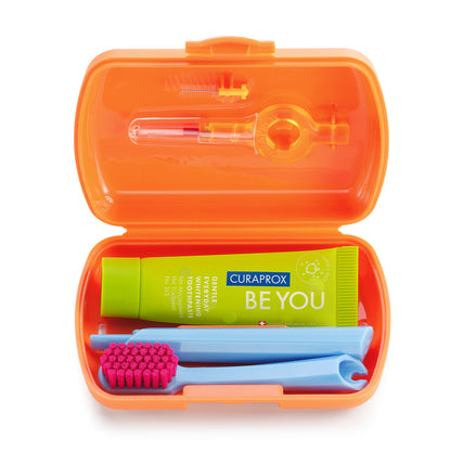 Curaprox Travel Set orange, travel toothbrush, interdental brush, toothpaste 10ml, travel box