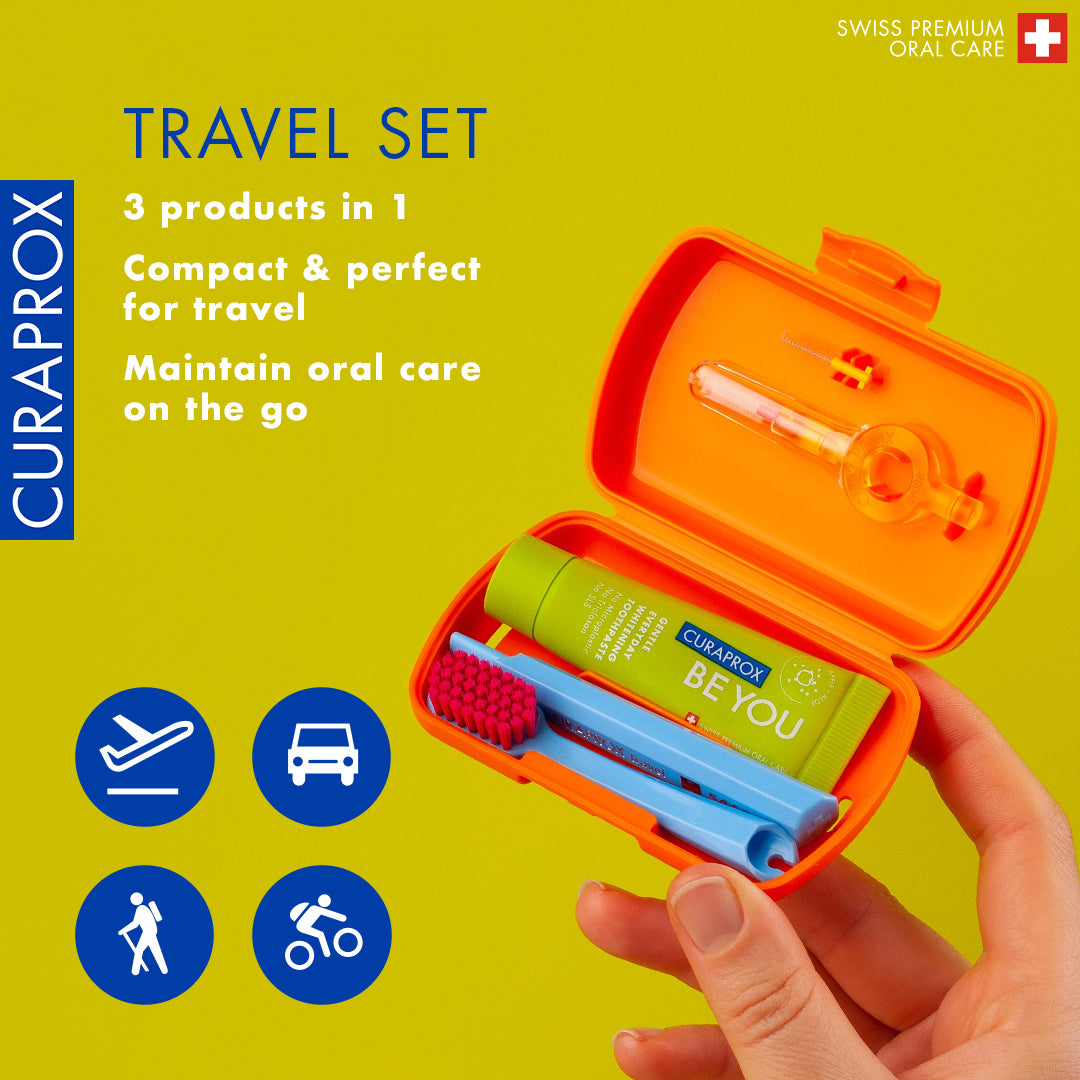 Curaprox Travel Set orange, travel toothbrush, interdental brush, toothpaste 10ml, travel box