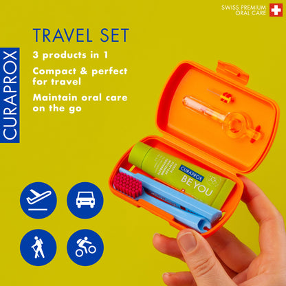 Curaprox Travel Set orange, travel toothbrush, interdental brush, toothpaste 10ml, travel box