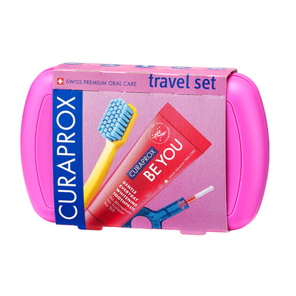 Curaprox Travel Set pink, travel toothbrush, interdental brush, toothpaste 10ml, travel box