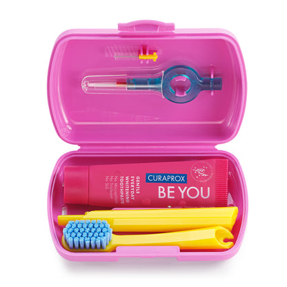 Curaprox Travel Set pink, travel toothbrush, interdental brush, toothpaste 10ml, travel box