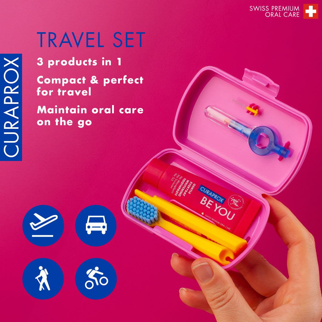 Curaprox Travel Set pink, travel toothbrush, interdental brush, toothpaste 10ml, travel box