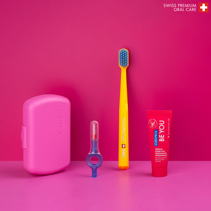 Curaprox Travel Set pink, travel toothbrush, interdental brush, toothpaste 10ml, travel box