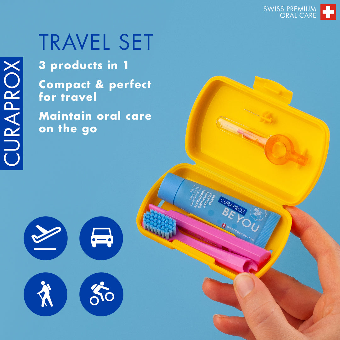 Curaprox Travel Set yellow, travel toothbrush, interdental brush, toothpaste 10ml, travel box