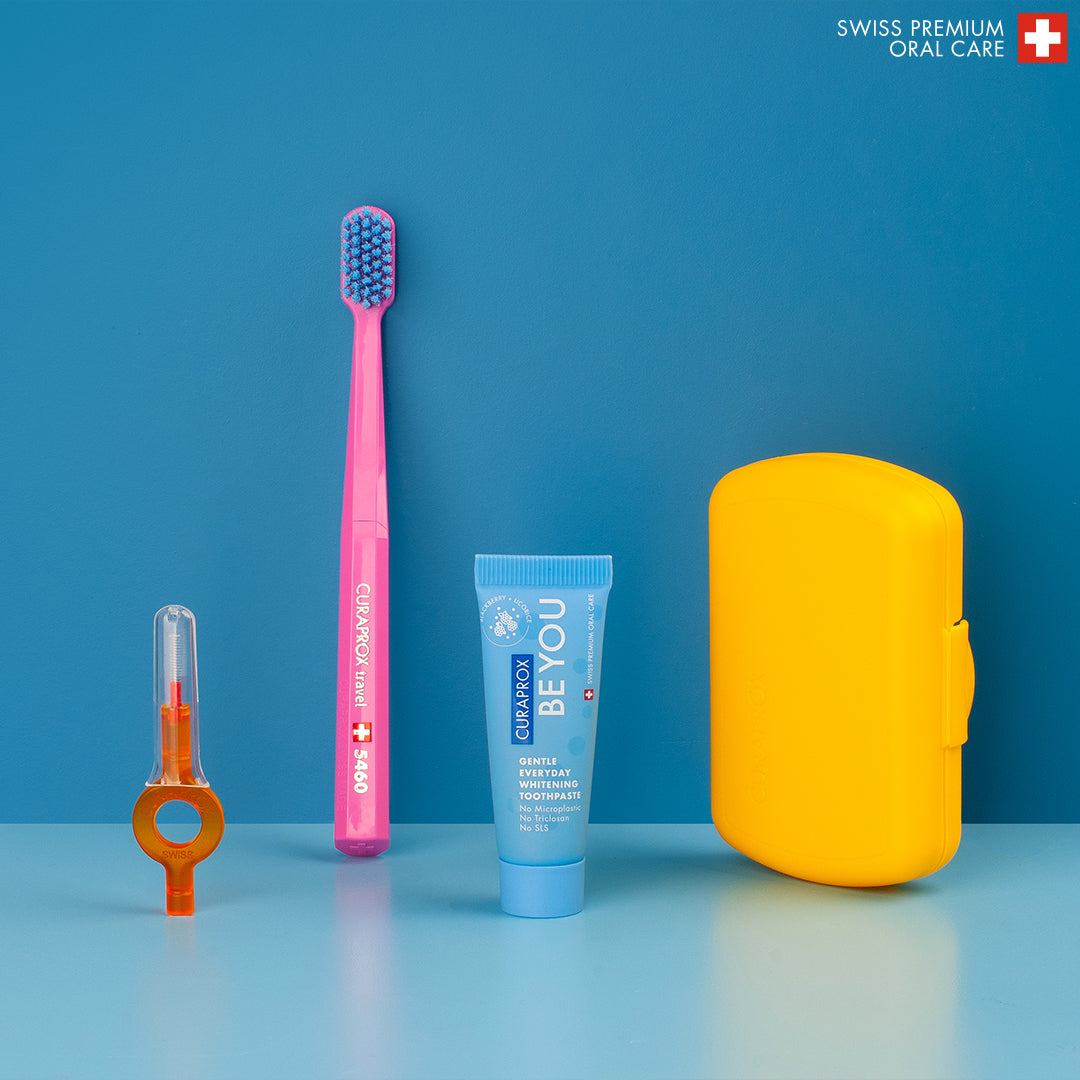 Curaprox Travel Set yellow, travel toothbrush, interdental brush, toothpaste 10ml, travel box