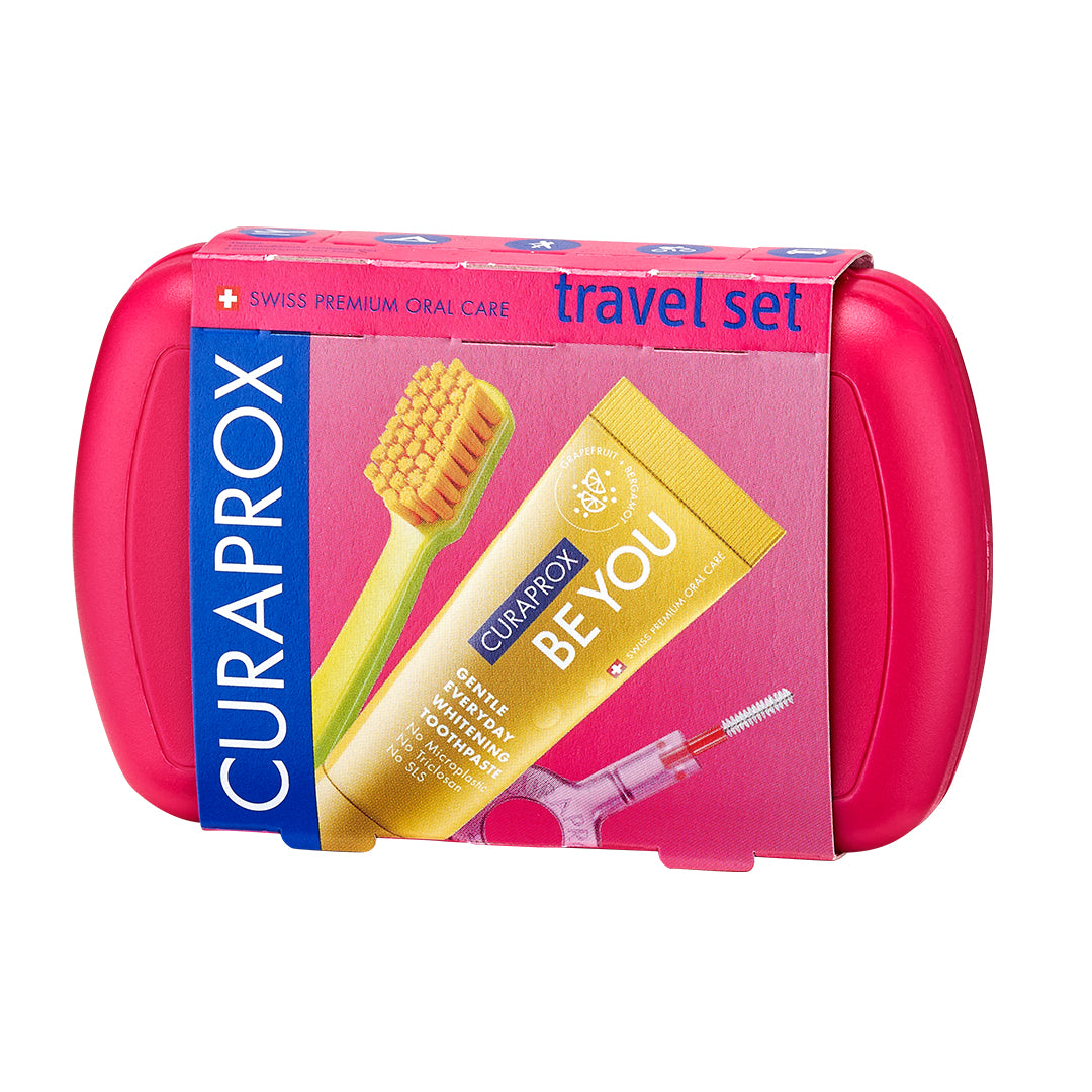 Curaprox Travel Set magenta, travel toothbrush, interdental brush, toothpaste 10ml, travel box