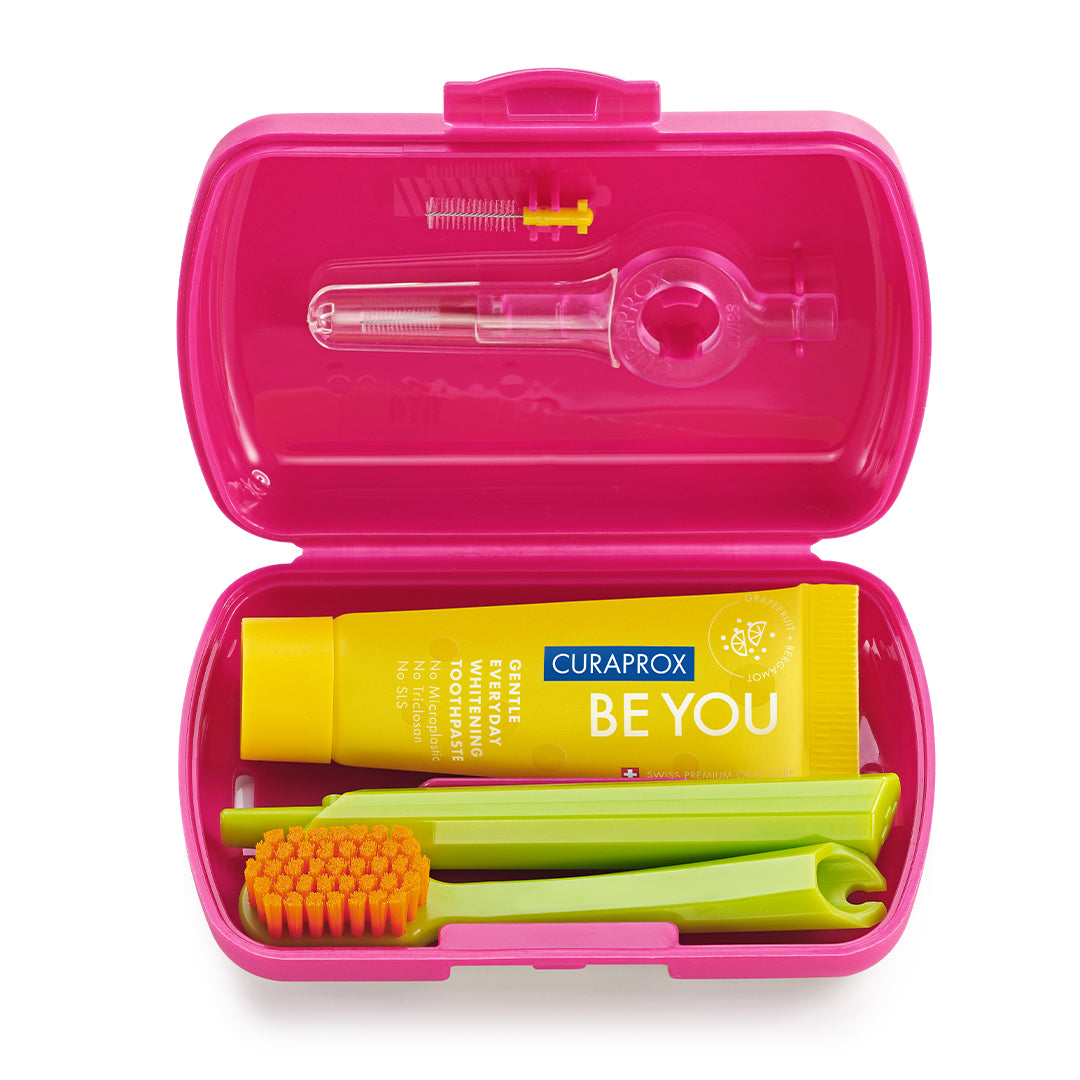 Curaprox Travel Set magenta, travel toothbrush, interdental brush, toothpaste 10ml, travel box