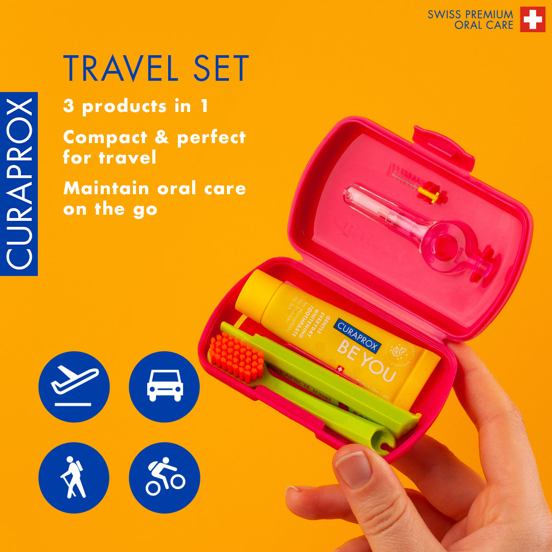 Curaprox Travel Set magenta, travel toothbrush, interdental brush, toothpaste 10ml, travel box