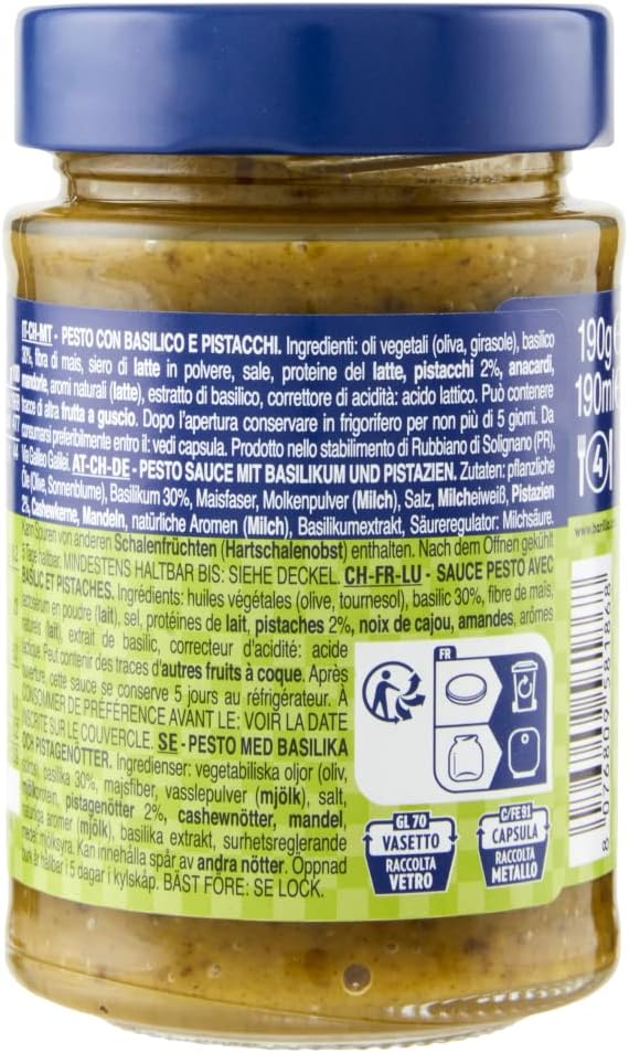 Barilla Pesto Pistachio & Basil Pasta Sauce, 100% Italian. Gluten Free 190gm