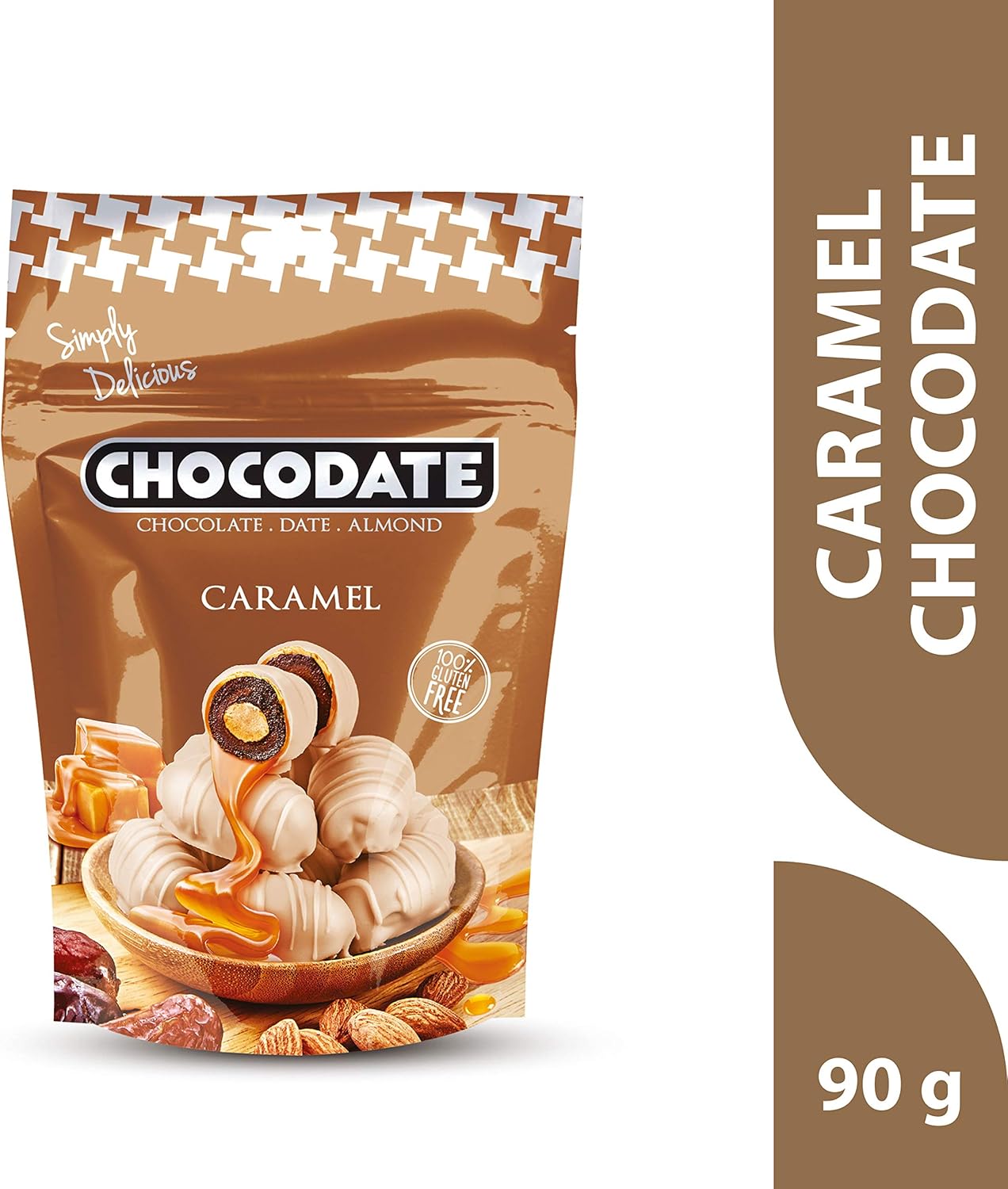 Chocodate Caramel | Exquisite Bite Sized Delicacy | Handmade Treat - Rich Silky Chocolate - Velvety Arabian Date - Golden Roasted Almond - Perfect Snacking - 90gms