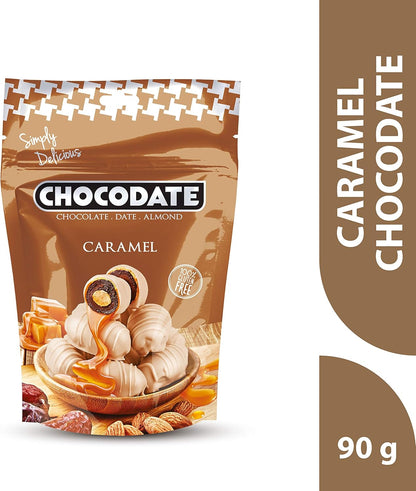 Chocodate Caramel | Exquisite Bite Sized Delicacy | Handmade Treat - Rich Silky Chocolate - Velvety Arabian Date - Golden Roasted Almond - Perfect Snacking - 90gms