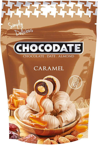 Chocodate Caramel | Exquisite Bite Sized Delicacy | Handmade Treat - Rich Silky Chocolate - Velvety Arabian Date - Golden Roasted Almond - Perfect Snacking - 90gms