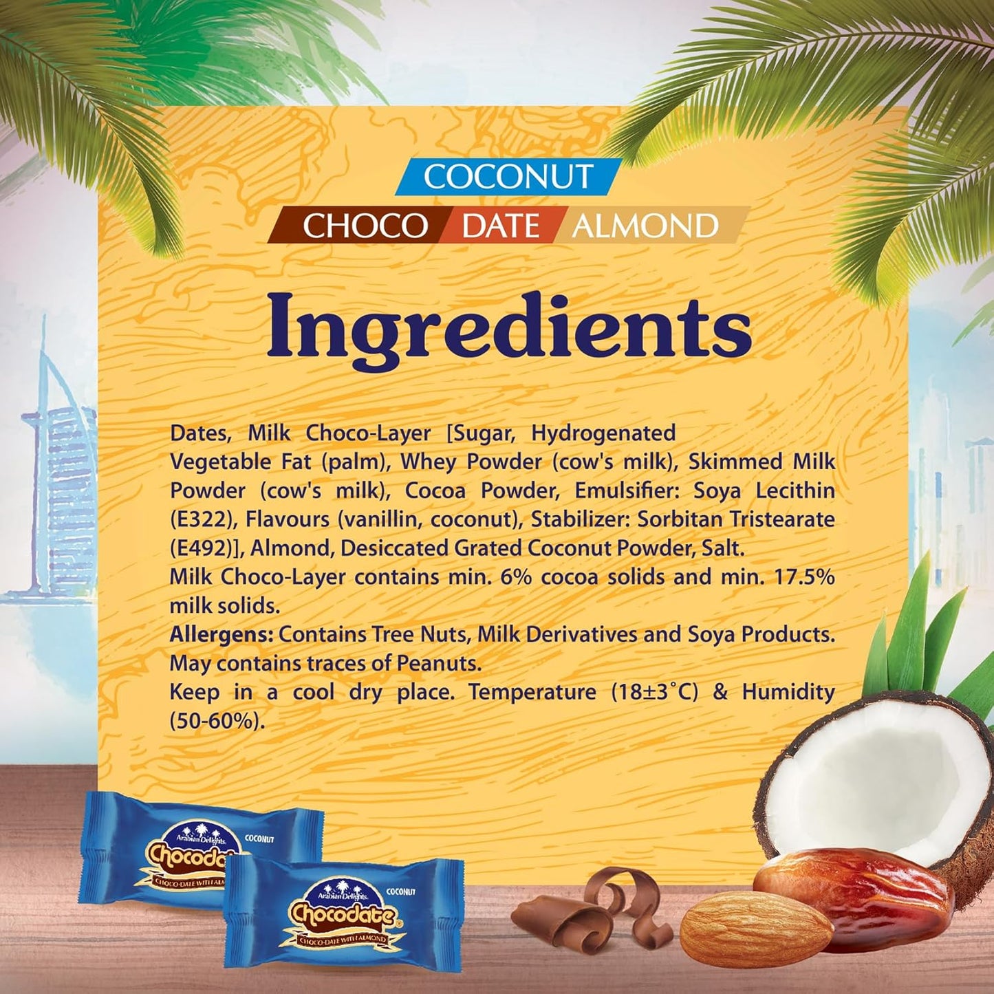 Arabian Delights Chocodate Coconut Chocolate Pouch, Stuffed w/ Golden Roasted Almonds ,Dates| Snacks & Sweets 90g