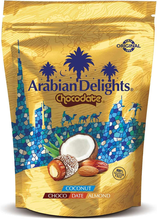 Arabian Delights Chocodate Coconut Chocolate Pouch, Stuffed w/ Golden Roasted Almonds ,Dates| Snacks & Sweets 90g