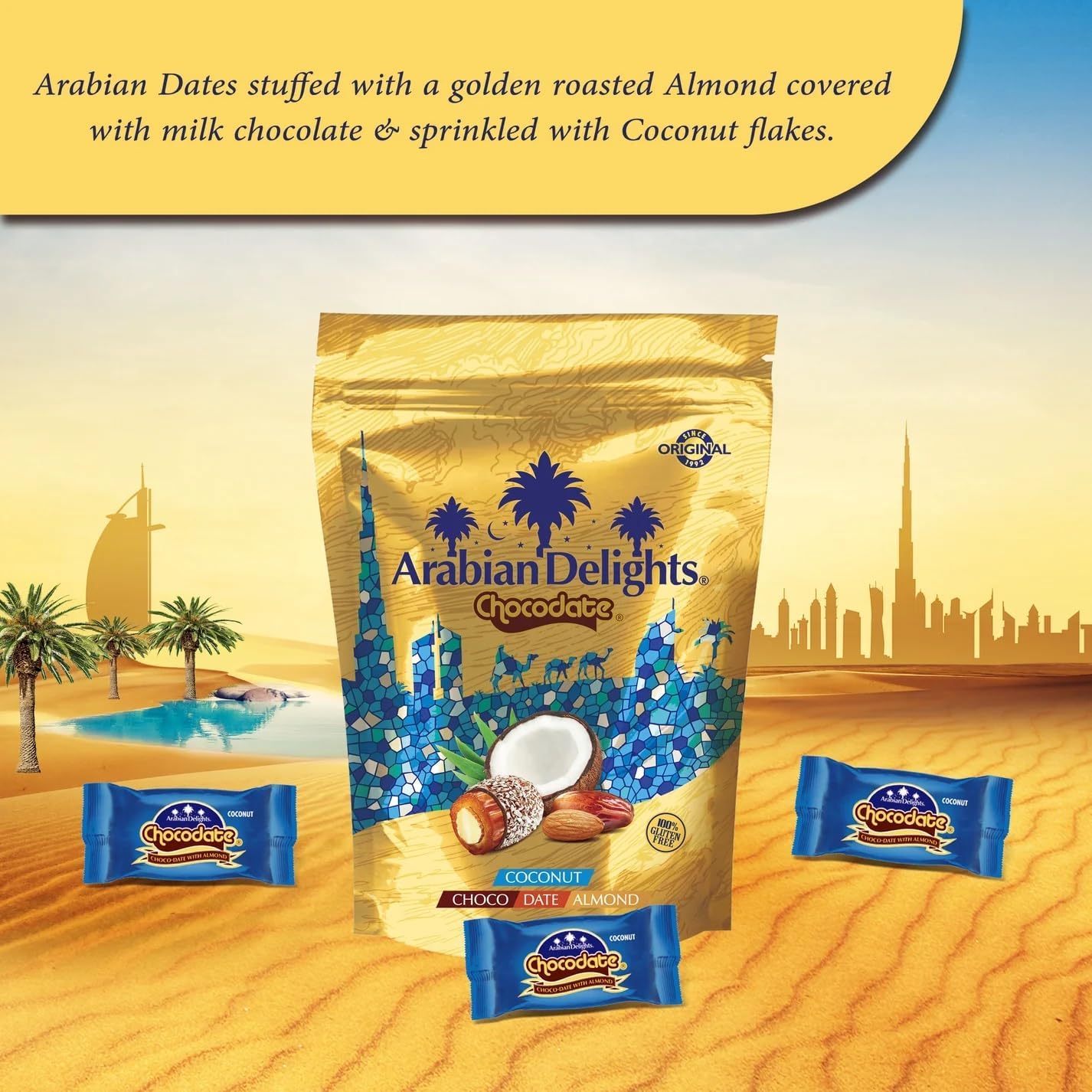 Arabian Delights Chocodate Coconut Chocolate Pouch, Stuffed w/ Golden Roasted Almonds ,Dates| Snacks & Sweets 90g