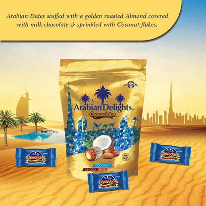 Arabian Delights Chocodate Coconut Chocolate Pouch, Stuffed w/ Golden Roasted Almonds ,Dates| Snacks & Sweets 90g