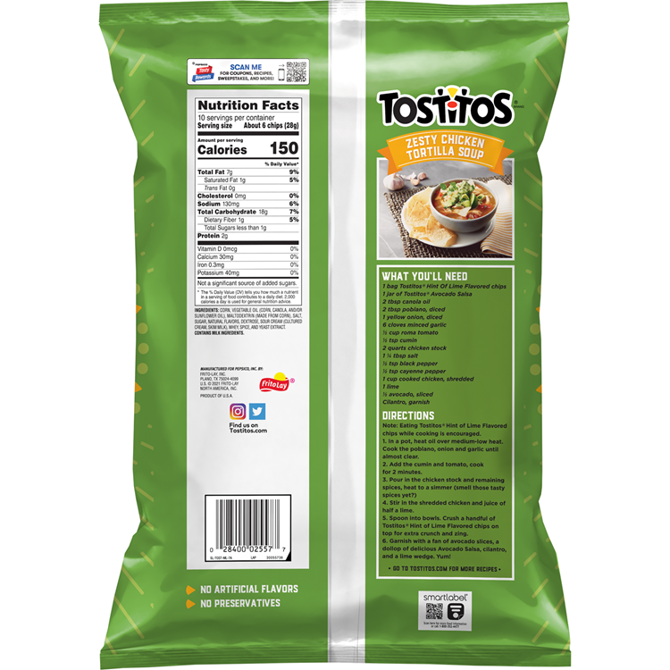 Tostitos Lime Flavored Triangle Style Tortilla Chips 10 OZ (283.5g) - Export