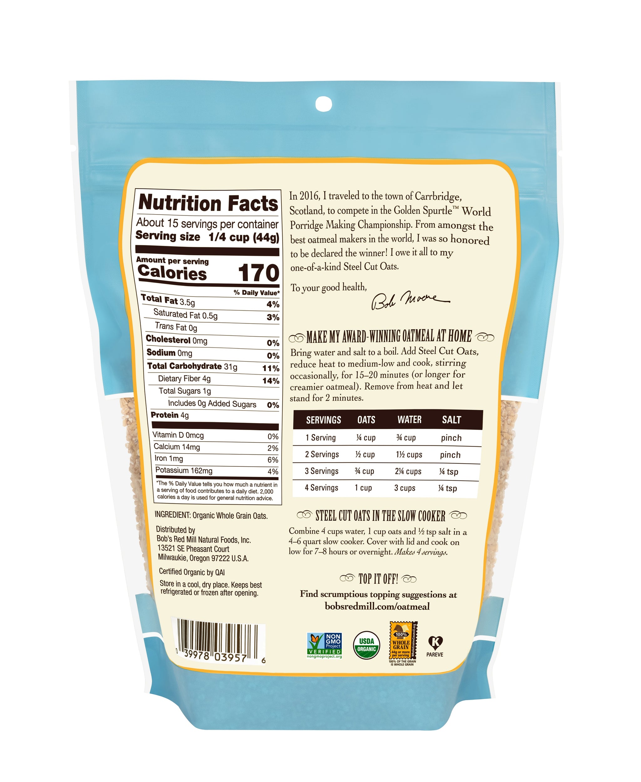 Bob's Red Mill Organic Steel Cut Oats, 100% Whole Grain, Irish Oats, T ...